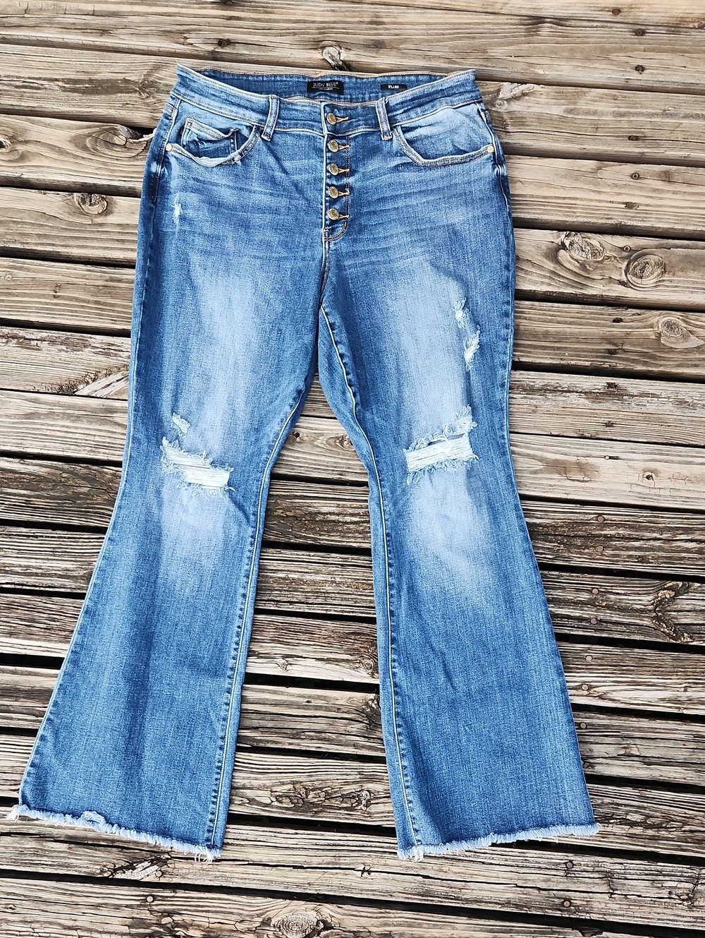 Judy Blue Flare Raw Hem Frayed Distressed Light Wash Button Fly Jeans Denim 16W
